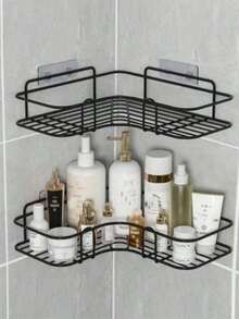 1pc No Drill Bathroom Wall Mounted Storage Rack, Shower Supplies Organizer, Multi-Function Bathroom & Kitchen Utensils Holder - Black - View 5