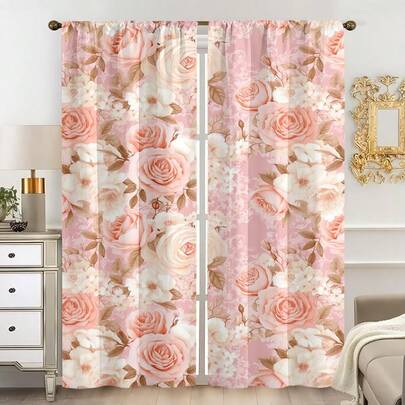 2PCS Blush Pink Background With Soft Pink Roses, White Blossoms, And Vintage Damask Scroll Patterns 100% Premium Polyester Curtains, Wrinkle-Resistant, Light Filtering, No Lining, 90gsm Lightweight, Rod Pocket Design For Easy Installation, Width 180cm (Each Panel), Total Width 360cm, Ideal For Bedroom, Living Room, Dining Room, Bathroom, Nursery, And Home Office Decor