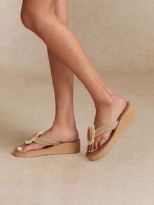 Tropiscape Women's Thick-Soled Wedge And High-Heeled Rope Slippers With Stair-Like Woven Grass Bottom, For Holiday And Island Travel - Beige - View 2