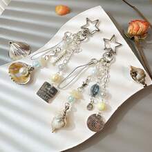 1pc Unisex Ins Style Gold Edged Silk Thread Shell & Pearl Keychain, High-End Ocean Vibe Bag Charm - Multicolor - View 1