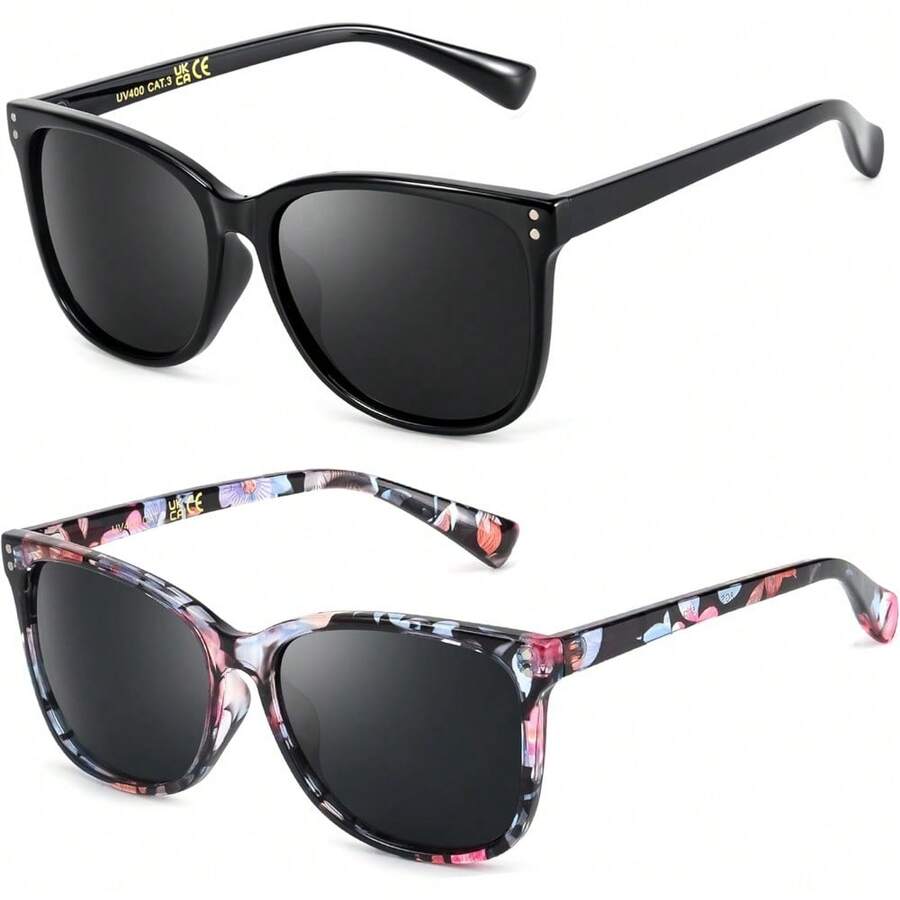 2 Packs Polarised Sunglasses For Women UV400 Protection Square Stylish Sun Glasses For Driving