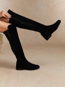 Tropiscape 女靴2025秋冬新款侧拉链平底靴，增高及膝靴，微弹莱卡靴筒，可扩展筒身，亮面高筒靴，女款 - 黑色 - 查看 1