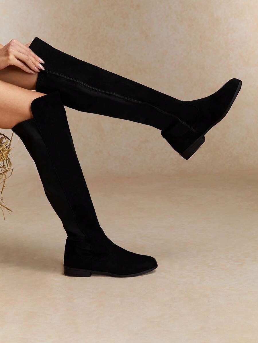 Tropiscape 女靴2025秋冬新款侧拉链平底靴，增高及膝靴，微弹莱卡靴筒，可扩展筒身，亮面高筒靴，女款 - 黑色 - 查看 1