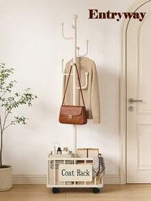 Perchero con cesta de almacenaje, perchero independiente, perchero para sombreros, bufandas, bolsos y ropa, perchero moderno para entrada, perchero móvil para dormitorio, sala de estar, oficina, pasillo, fácil acceso, decoración de pasillo, negro, blanco y dorado. - Blanco - Ver 7
