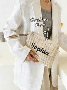 1 pieza Bolso de muñeca tejido personalizado, bolso de embrague de paja con logotipo bordado, incluye colgante con dije dorado, billetera unisex de moda, adecuado como regalo para novio, novia o madre - Multicolor - Ver 3