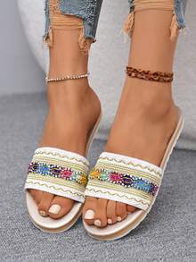 Women's Strap Open Toe Flat Sandals, Bohemian Resort Style - White - View 4
