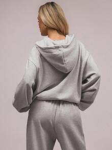 Women's Solid Color Oversized Hoodie & Jogger Set - Hooded Neck, Long Sleeve, Loose Fit, Elastic Waistband, Side Pockets, Lightweight Fabric, Breathable Design, Ideal For Home, Leisure & Outdoor Activities, Versatile For Teens, Young Adults & Adult Women, Minimalist Sporty Style For Spring & Summer | Pants Loungewear Set For Casual Home  |  Coffee Runs,Solid Color Hoodie Two-Piece Set Effortless Style For School  |  Brunch,Minimalist Matching Loungewear Set  |  Must-Have For Daily Casual | Lazy Days | Oversized Hoodie Set Easy To Style For Fall  |  Pants Set | Two-Piece Hoodie Set,Relaxed Fit Loungewear  |   Casual Matching Set  |  Cozy Loungewear Set - 灰色 - 查看 3