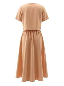 2pcs Set Casual Round Neck Short Sleeve Button Design Cropped Top & Single-Breasted Pocket A-Line Skirt Suit Summer - Khaki - View 2