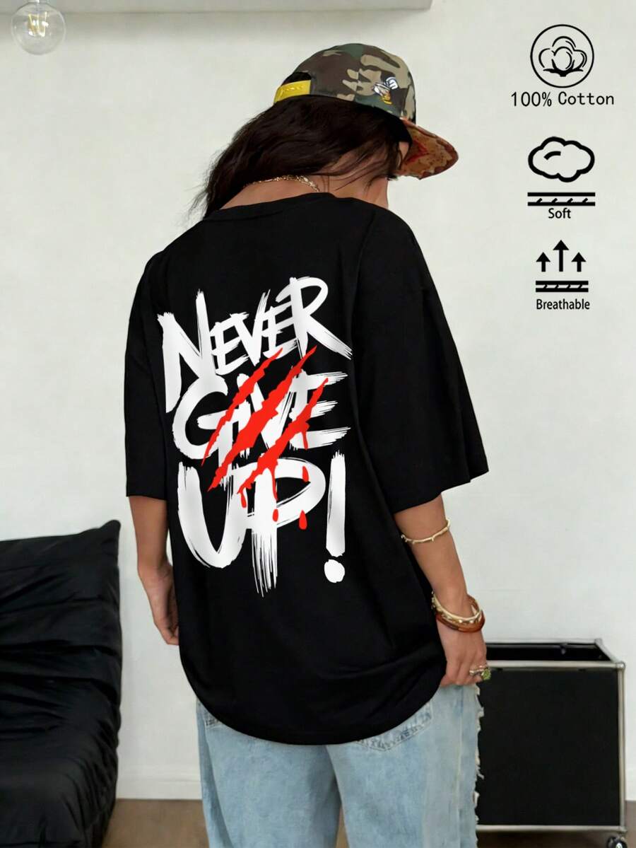 100% Cotton Unisex Black T-Shirt, Inspirational Theme, Spring/Summer Seasonal New Arrival Sports Top, Loose Fit,Fashionable Soft Breathable Unisex Short-Sleeved Top - Black - View 1