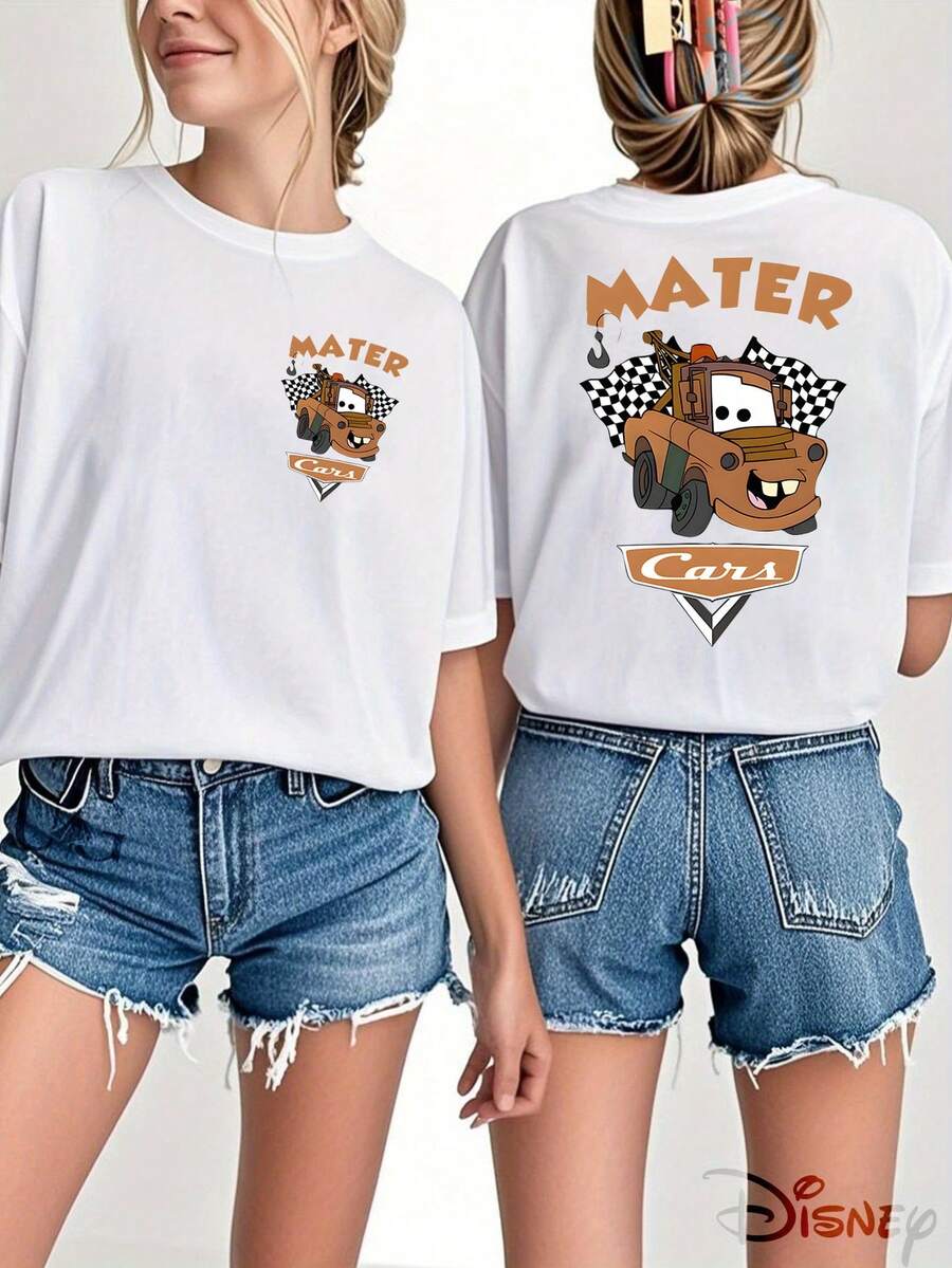 Disney Official Licensed, Disney Cars, Tow Mater, Double-Sided Print, 100% Cotton, Crew Neck T-Shirt, Retro Racing Style, Casual Wear, Spring & Summer Top, Disney Merch, Fan Collectible - 白色 - 查看 1