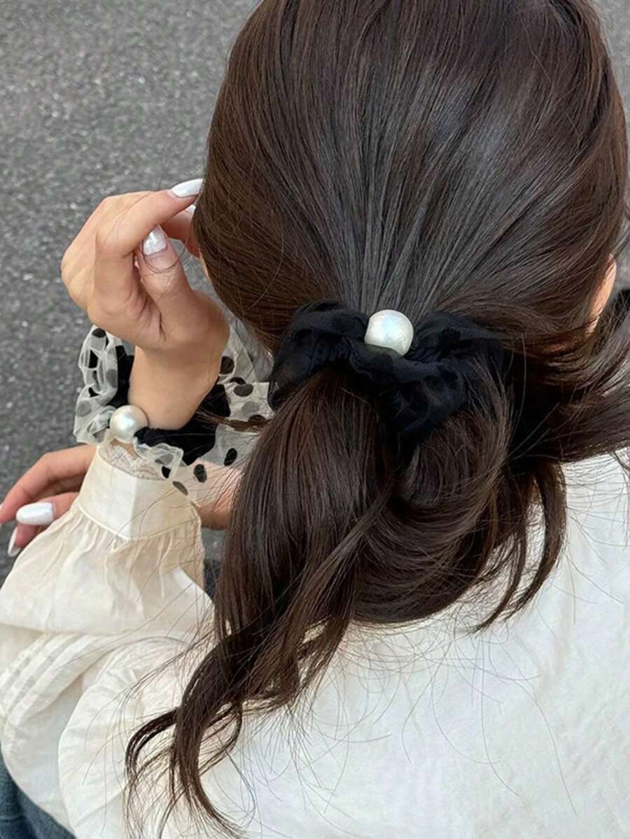 1pc Polka Dot Mesh Hair Scrunchie, Suitable For Women's Daily Commute, Casual Outings, Parties, Vacations And Various Occasions