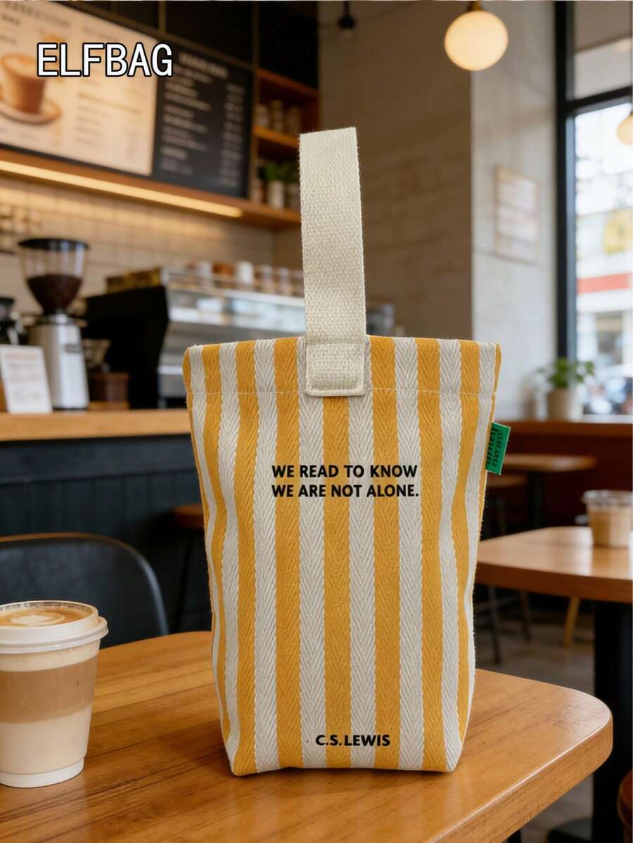 时尚简约条纹图案女士小手提包，休闲帆布小包，轻便可折叠迷你方包，黑色字母个性化设计，可装钥匙、水瓶、手机和个人物品，适合外出、散步和携带宠物。 - 黃色 - 查看 1