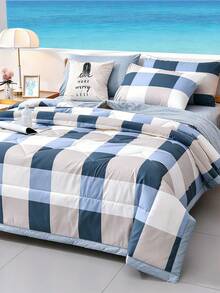 1pc Skin-Friendly Minimalist Plaid + Floral Quilted Wide-Edge Summer Quilt, Soft & Fine, Moisture-Wicking & Breathable, Minimalist & Elegant, Fashionable Air Conditioning Quilt - Blue Plaid Summer Quilt - View 4