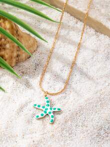 1件装极简主义海星吊坠项链，女士款 - 18K镀金不锈钢海星吊坠项链套装，夏季度假海滩饰品 - 彩色 - 查看 7