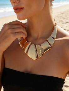 1pc Metallic Geometric Choker Necklace, Exaggerated Asymmetrical Gold Color Necklace, Minimalist Fashion Jewelry For Women - Yellow Gold - View 2