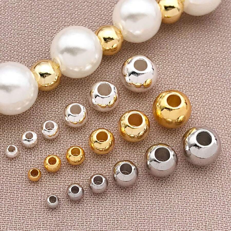 10颗优雅简约铜镀18K金、厚银色和铂金色抛光圆形隔珠DIY手链项链耳环套装，适合婚礼派对