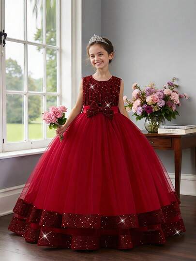 Đầm công chúa thanh lịch cổ tròn bằng vải lưới có nơ dành cho bé gái tuổi teen, thích hợp cho tiệc sinh nhật ban ngày và đi chơi, không bao gồm băng đô cài tóc.