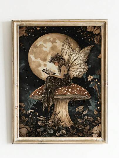 1pc Frameless Fairy Reading Art Print, Cottagecore Folk Style Vintage Poster, Whimsical Bookish Fairy Tale Decor For Living Room, Bedroom, Dorm, Room Decor, Funky Posters, Wall Prints, Vintage Decor, College Dorm Essentials, Back To School