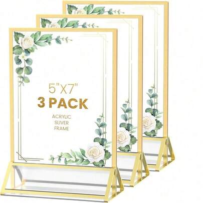 3pcs 5x7 Acrylic Double-Sided Tabletop Photo Frame, Can Be Used As Menu Holder, Wedding Table Number Stand, Christmas Picture Frame - Gold Color