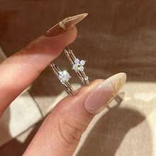 1枚素面四叶花戒指，心形素面戒指，小众设计复古奢华优雅可调节开口戒指 - 彩色 - 查看 2