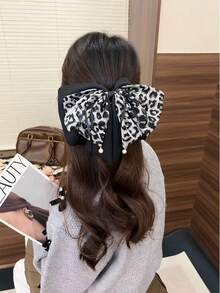 1pc Women's Elegant Leopard Print Bow Ribbon Ponytail Claw Clip, Retro Hair Claw Accessory - Multicolor - View 8
