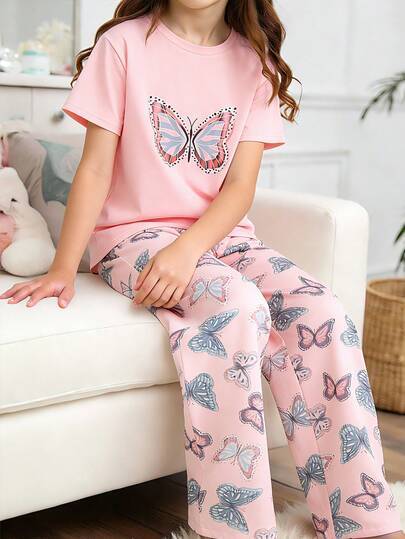 This Fashionable And Lightweight Casual Home Wear Set Is Suitable For Girls To Wear In Spring And Autumn, Including An Elegant And Sweet Butterfly Print Short Sleeve Top And A Pair Of Pants Decorated With Butterfly Patterns. Suitable For Daily Home Wear.