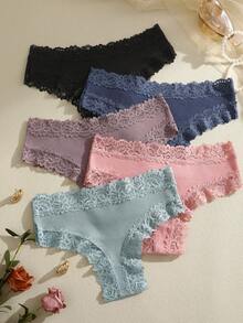 5条装女士纯色舒适蕾丝边比基尼内裤 - 彩色 - 查看 3