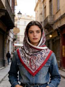 1pc Versatile Retro Cashew Flower Print Multifunctional Triangular Scarf/Shawl, Suitable For Daily, Office, And Holiday Occasions - Black - View 5