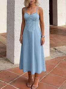 简约休闲女士时尚牛仔背带中长连衣裙，夏季畅销款 - 淺色水洗藍 - 查看 4