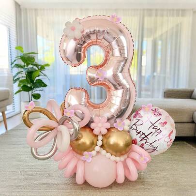 48pcs Birthday Decoration Balloon Columns, Includes 0-9 Numbers, Happy Birthday Balloons, Petals, Latex Balloons, Birthday Party, Anniversary, Cherry Blossom Theme Birthday Party Decor