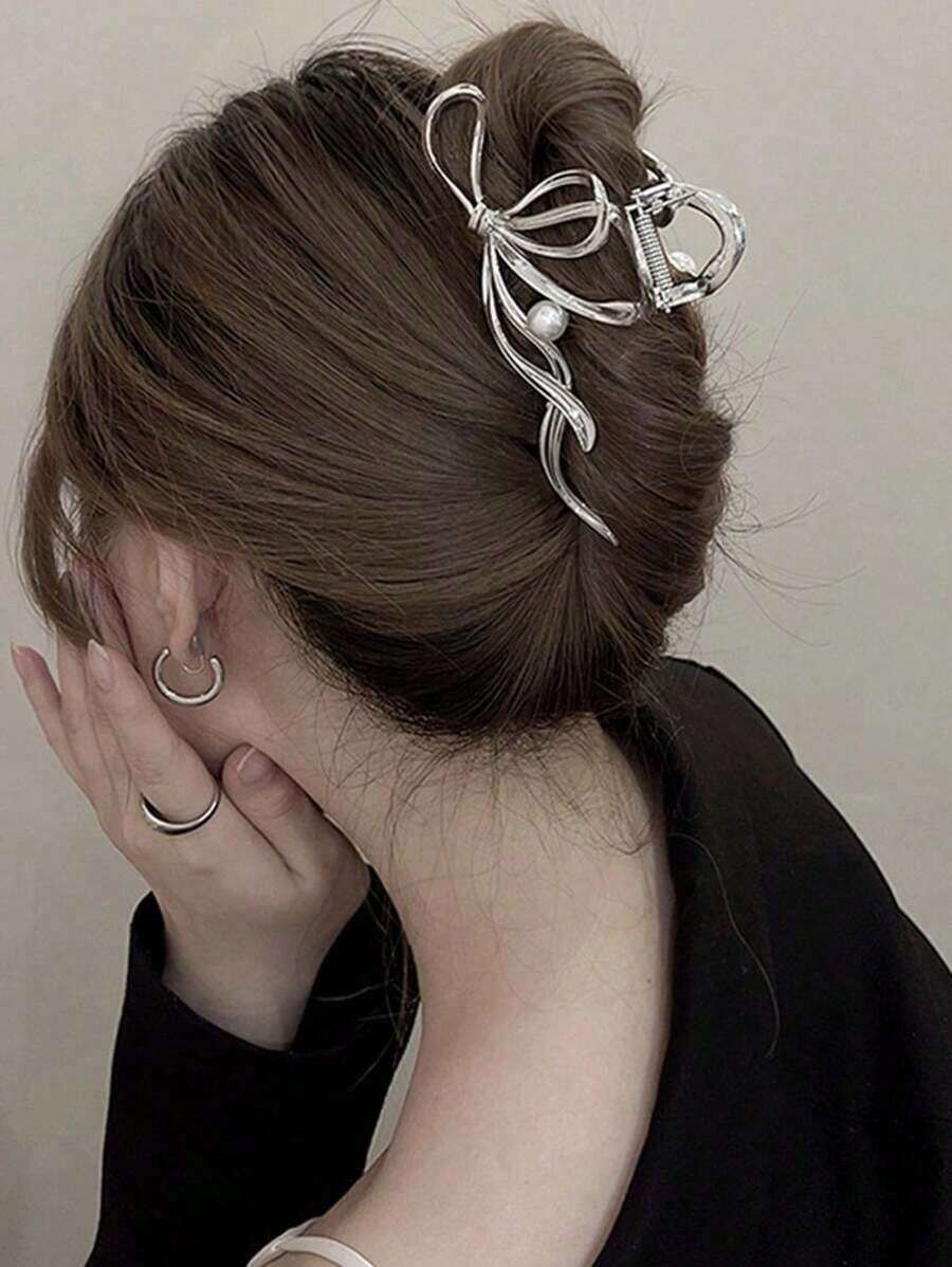1pc Women's Elegant Bowknot Hair Claw Clip, Large Tail Design For Updo, High-End Chic Niche Hairpin Hair Clips Hair Jaw Clip Hair Clamps Hair Clutch Hair Clip Fall Winter Hair Accessories For Women For Vacation Outfits Woman - 銀色 - 查看 1