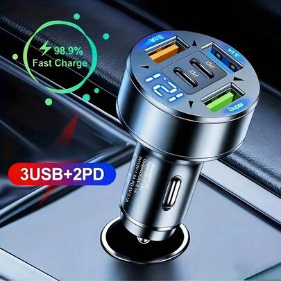 这款车载充电器配备3个USB接口和2个PD接口，支持同时为多个设备快速充电，转换效率高达98.9%。它内置多重安全保护机制，有效防止过压、过流、过热和短路。配备智能数字显示屏，可实时监测电压；金属机身坚固耐用；兼容主流设备，确保您在旅途和通勤途中电力充足。