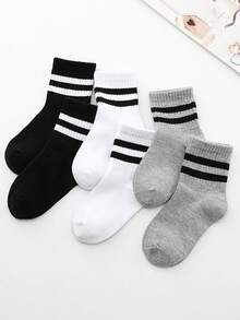 5/6双装儿童运动袜，经典黑白灰条纹，亲肤柔软舒适透气时尚中筒袜，适合返校、度假、学生、户外运动、旅行、日常穿着。 - 彩色 - 查看 2
