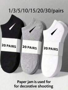 20双男女通用短袜，运动袜，白/黑/灰三色可选，舒适斜纹设计，吸湿透气，经典纯色简约时尚，适合日常休闲穿着。 - 黑與白 - 查看 7