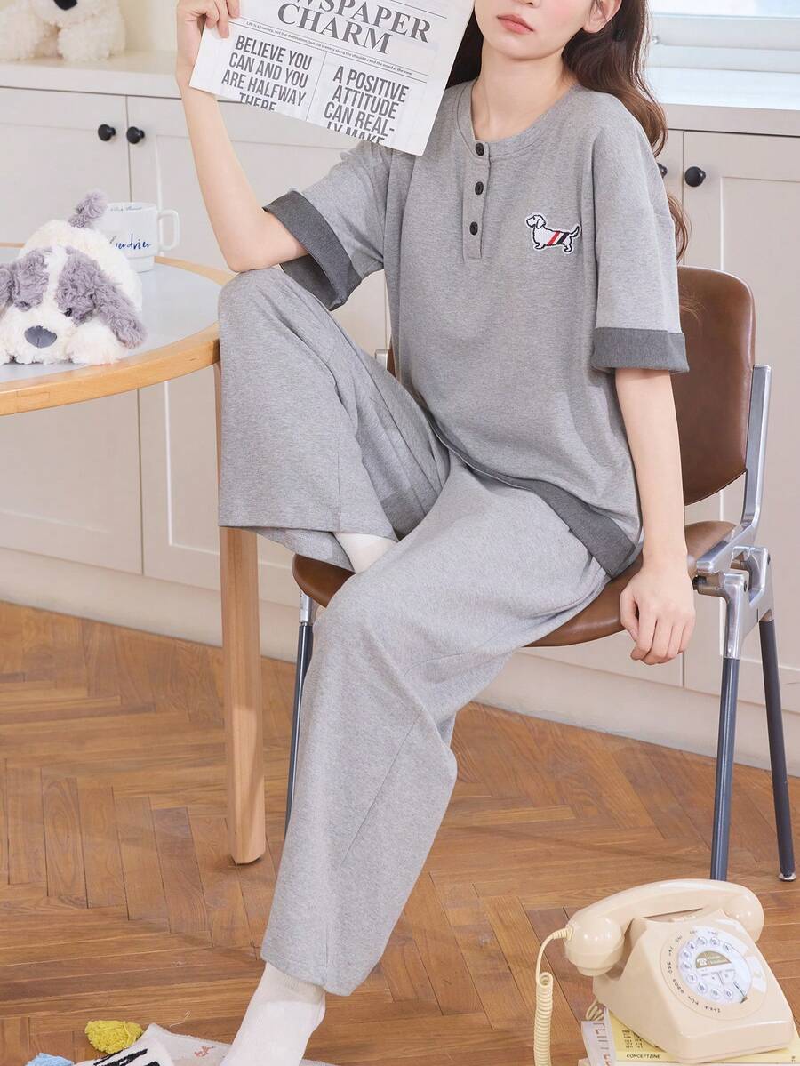 2pcs Women Crew Neck Pajama Set, Long Sleeve Top And Pants, Soft Homewear For Spring And Autumn - Light Grey - View 1