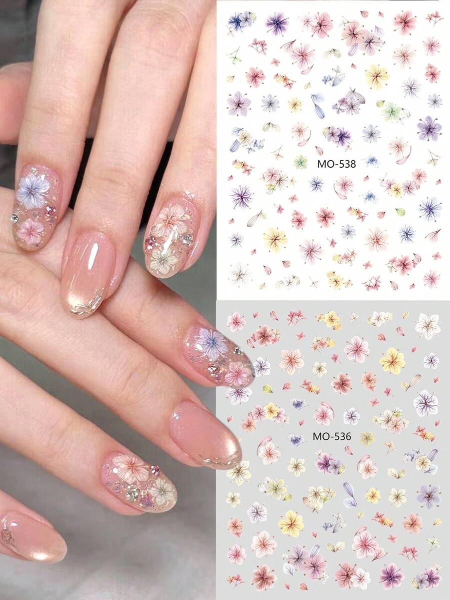 5D彩色仿真花朵美甲贴纸2片装，春夏花瓣叶子印花设计美甲贴花，自粘式美甲装饰，适合可爱优雅的日韩风美甲设计，女士和女孩DIY美甲 - 彩色 - 查看 1