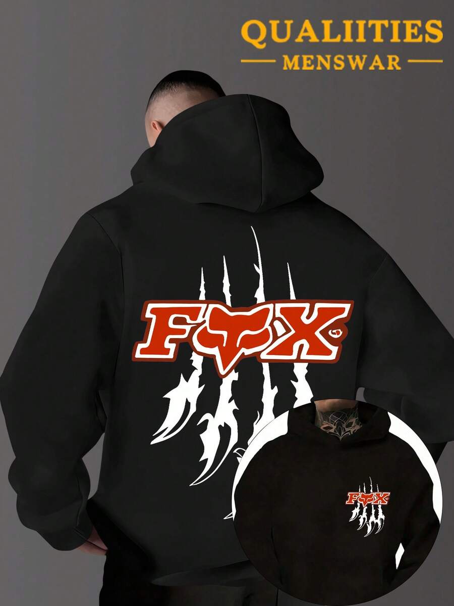 The Men's Style Is Suitable For Black Casual Fashion In Spring And Autumn Or Winter, Integrating Hardcore Extreme Sports Culture With American Street Style Hooded Plush Warm Hooded Sweatshirt. The Bold And Wild "FOX" Words On A Red Background And White Border Are The Core Visual, Matched With White Claw Print, And The Arms Are Also Printed With Corresponding FOX Patterns. The Multi-Functional Sports And Casual Loose Fit Is Suitable For Daily Travel And Street Wear, Made Of Soft Fabric - Black - View 1