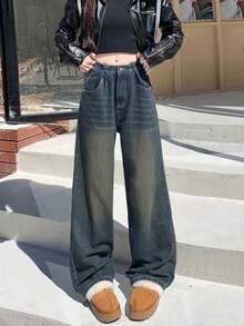 Women's Pocket Distressed Wide Leg Loose Casual Versatile Jeans - Dark Wash - View 4