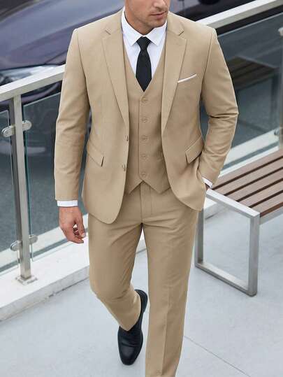 WindsorQuad Furuyal Men's 3 PiecesElegant Suit Set, Men's Gentleman Solid Color Double-Breasted Slim-Fit Single-Breasted Wedding Jacket, Vest, Trousers And Tie Set, Champagne Color, Size XS-3XL