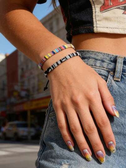 2pcs Bohemian Handmade Accessory For Women Colorful Braided Adjustable Bracelet Matching Couple Best Friend Jewelry