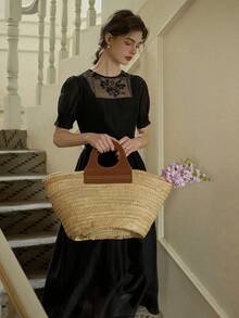 Simple Retro 女士刺绣网纱拼接纯色短袖连衣裙 - 黑色 - 查看 4