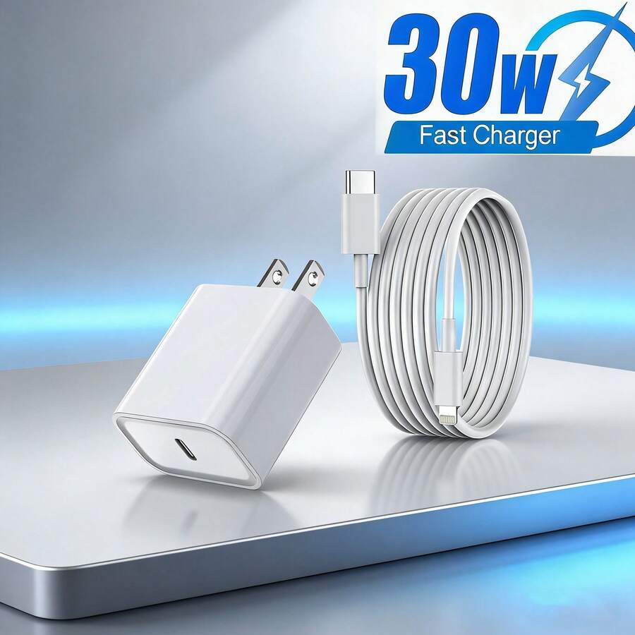 1-2 套充电器套装：30W PD 快充墙式适配器 + 200 厘米 PD 数据线，Lightning 高速充电线，兼容 14 Pro Max/14 Pro/14 Plus/14/13/12/11/XS/XR/8/7/6 系列 - 美規A型插(110-127V) - 查看 1