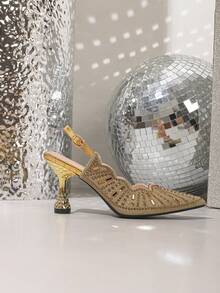 Fashionable Celebrity-Style Banquet Versatile High Heels, New Summer Rhinestone Pointed Toe Ankle Strap Crystal Women Sandals - Gold - View 5