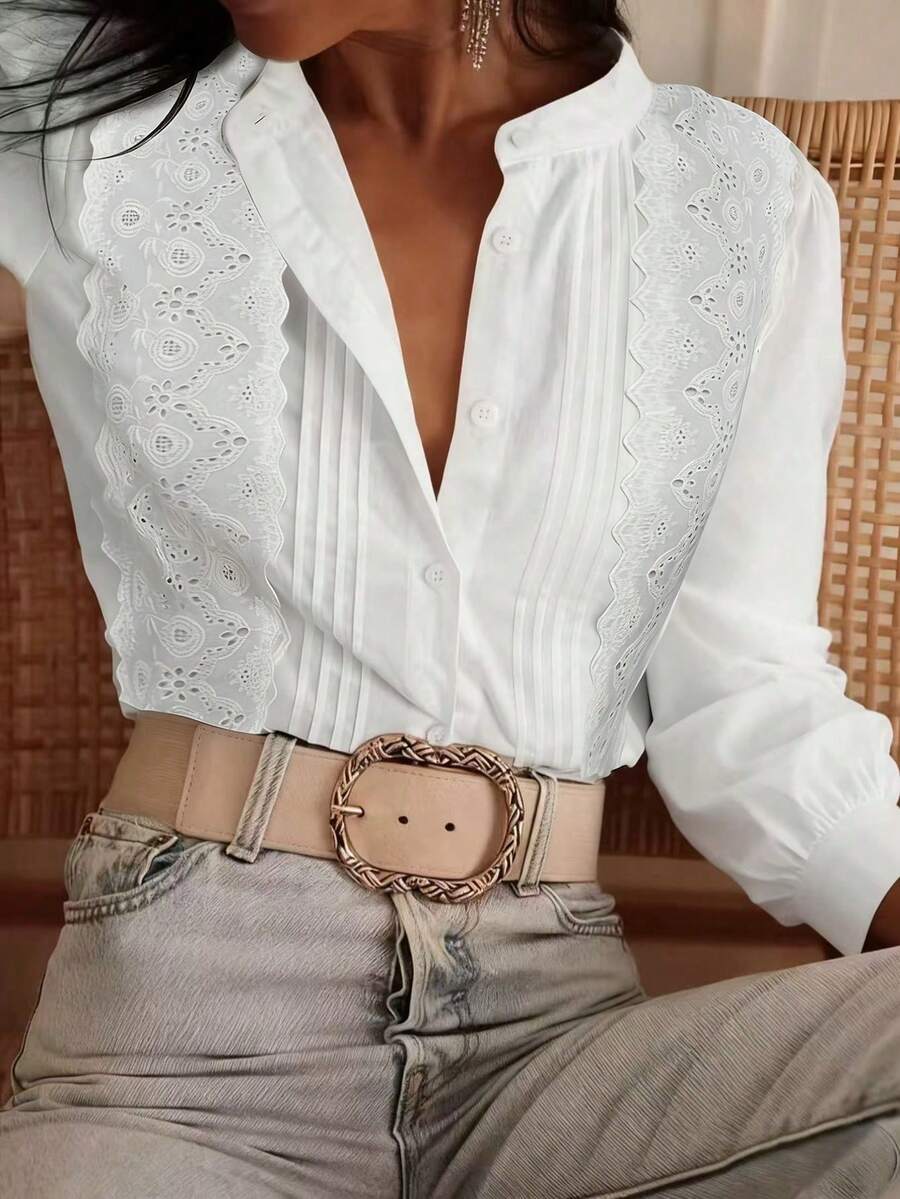 Fashionable Solid-Color Casual Polyester Button Embroidery Patchwork White Women's Long-Sleeved Shirt,Suitable For All-Season Home Daily Commuting Spring - White - View 1
