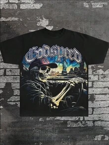 Double-Sided,2026 New Men Plus Size Round Neck Graphic T Shirt 100 Cotton Street Style Skull And City Print Perfect Gift For Family Comfortable Spring Summer Autumn Winter Machine Washable Stylish Inner Layer Local Delivery - màu đen - Xem 2