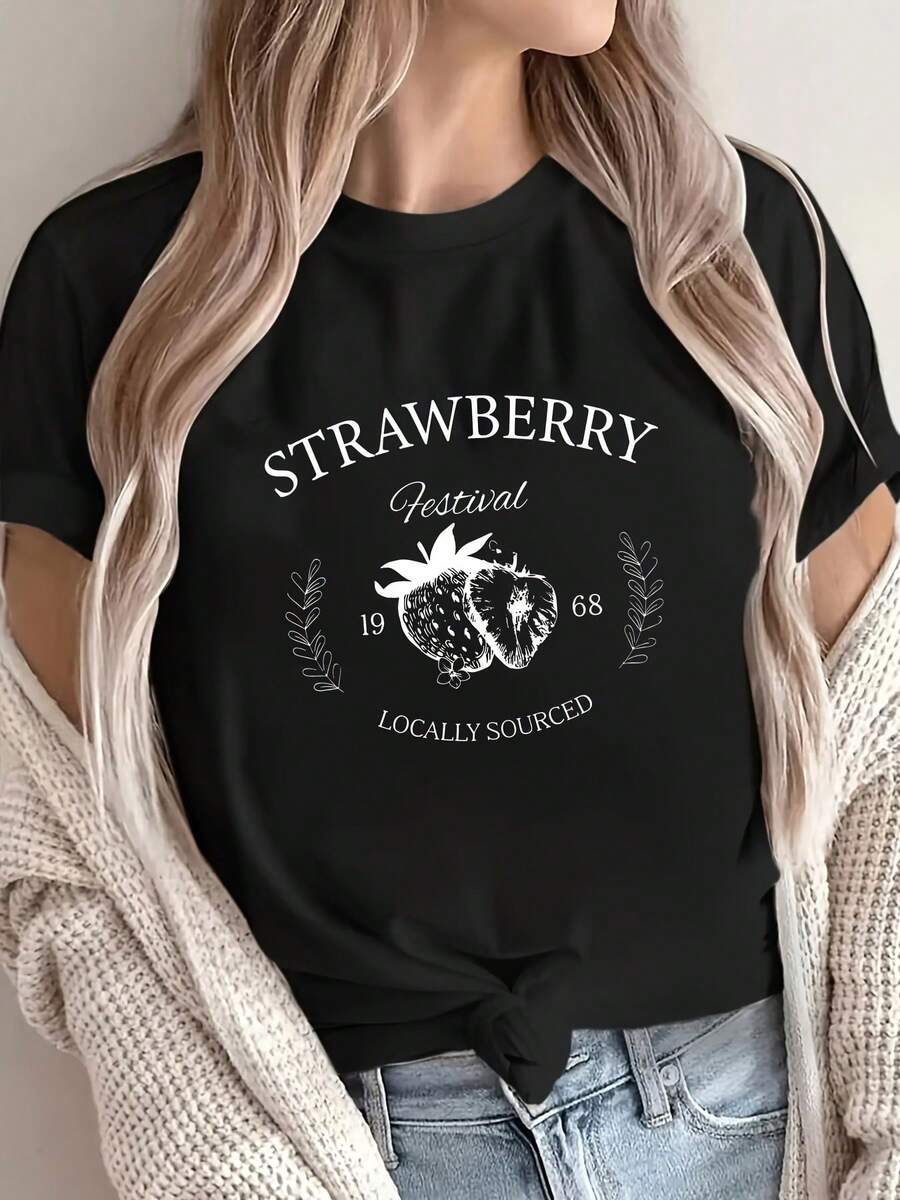 Women's "Strawberry Day" Printed T-Shirt, Buy Local 1968 - 100% Cotton Short Sleeve T-Shirt, Casual Round Neck For Summer, Machine Washable, Loose Fit, Comfortable, Soft, Stretchy And Fitted, Women's Fashion. - Black - View 1