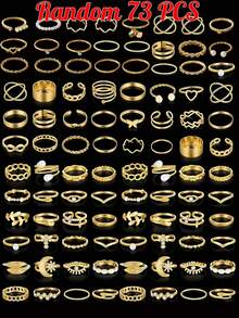 Bộ 50/73 chiếc nhẫn kim loại thời trang tối giản, thanh lịch, gợi cảm hình bướm, trái tim, hoa, lá, ngọc trai giả, pha lê, sóng, xoắn, thích hợp cho các dịp lễ, tiệc tùng, hẹn hò, đeo hàng ngày (kiểu dáng ngẫu nhiên) - Vàng - Xem 7