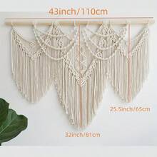 1pc Bohemian Macrame Wall Hanging - Large Handwoven Tassel Lace Tapestry With Wooden Rod, Acrylic Fiber Fabric, Horizontal Indoor Wall Decor For Living Room, Bedroom, Or Headboard, Bedroom Accent Piece | Bohemian Style | Handwoven Texture - 米白色 - 查看 4
