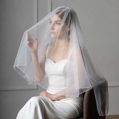 1pc Minimalist Bride Double-Layer Veil With Lace Edge, Wedding Photography Veil