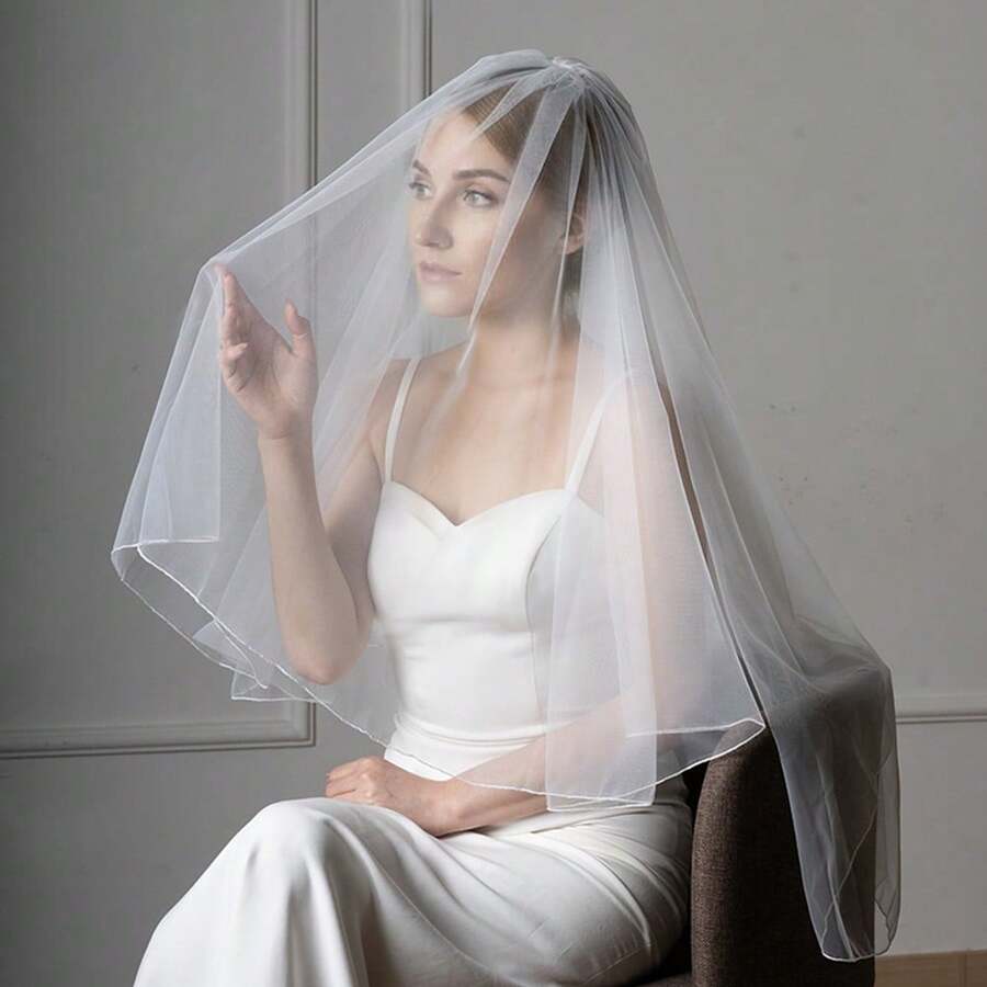 1pc Minimalist Bride Double-Layer Veil With Lace Edge, Wedding Photography Veil - View 1